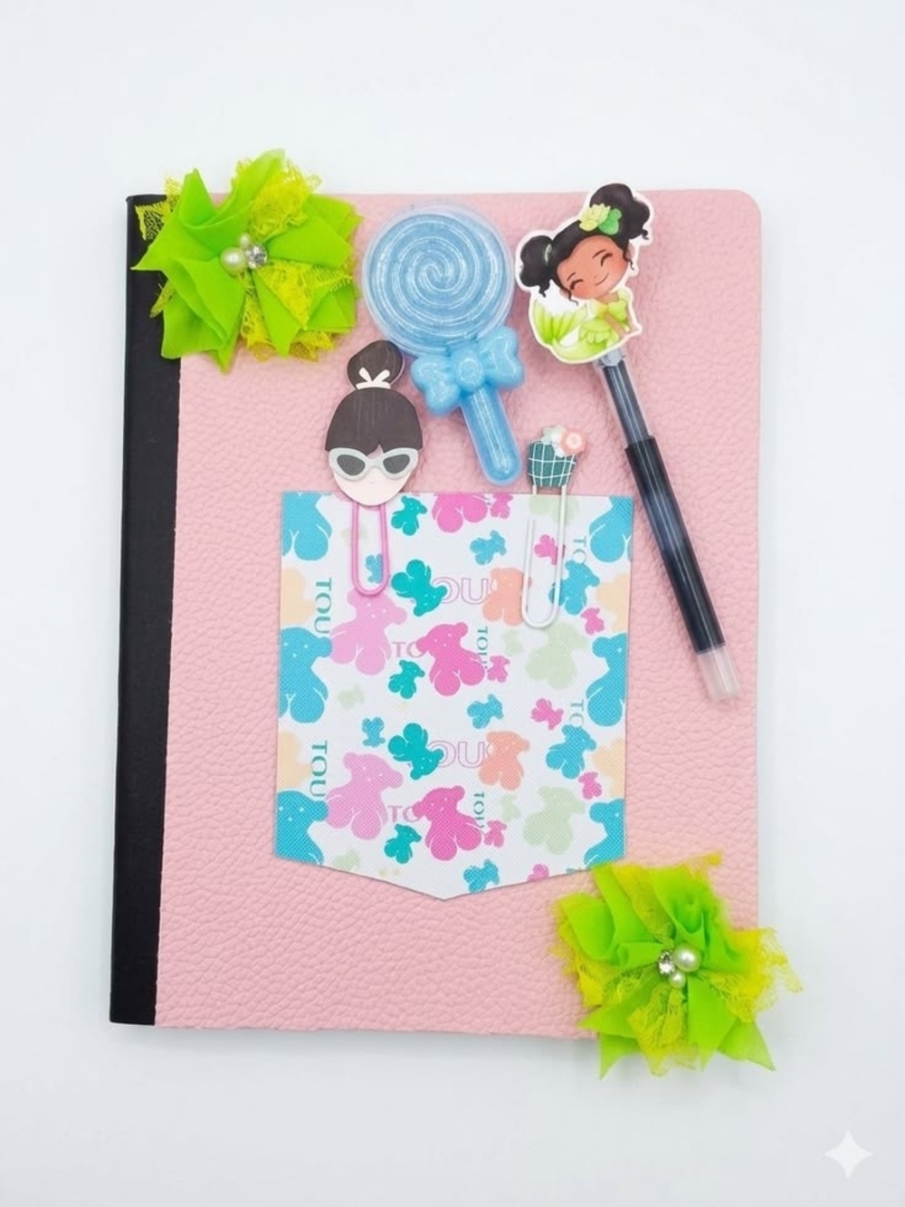 Cute Ruled Notebook Set - Pink with Colorful Charms Includes Pen And Bookmarks